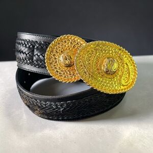 Vtg 80s Fontana Black Leather Belt Large Gold Buckle Braided Milano Sz 44 S/M